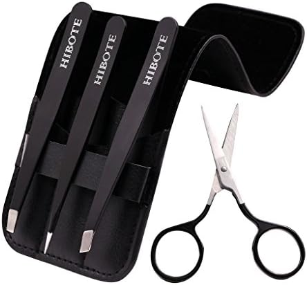Highdas Tweezers Set of 4 Stainless Steel With Leatherette Case (Flat,Pointed,Slanted and Eyebrow scissors) Best for Eyebrow Shaping and Ingrown Hair