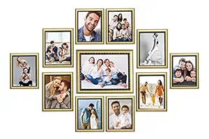 KDM Home Decor set of 11 Dal Golden Color flexible Glass & Synthetic Wood Modern Collage Photo Frames for Wall Hanging (6 pcs 4x6, 4 Pcs 5x7 1 pcs 8x10 Inch)
