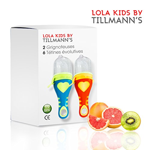 Lola Kids Tetine Grignoteuse Bebe/ 2 Grignoteuses + 6 Tetines fruit Evolutives / En Silicone Medical et Sans Bisphénol A / Anneau d'Alimentation soulage les gencives - Norme CE