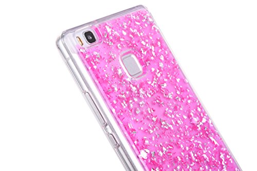 Für Huawei P10 Lite Hülle Glanz ,SKYXD Blattgold Funken Flocken Pailletten Design Schutzhülle Weiche TPU Transparent Silikon Handyhülle mit [ Krone Staubstecker + Eingabestift ] Glitzer Kristall Handytasche Schick Klar Zurück Haut Schlank Etui Schale Fall – Pink - 6