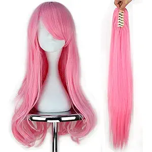Miss U Hair Girl Long Wavy Pink Cosplay Costume Full Wig Claw Ponytail Set