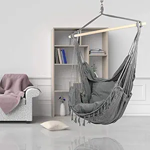 Juflix Hanging Chair Large Hammock Chair Swing Seat, Hanging Swing Chair Cotton Weave for Superior Comfort & Durability Perfect Indoor or Outdoor Home Bedroom Patio Yard Garden, (2 Seat Cushions)