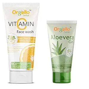 Orgello Herbal Vitamin C Face Wash (100 ml ) + Aloe Vera Gel Tube ( 60 gm ) - Pack Of 2 - for men women girls boys normal oily dry skin sls paraben mineral oil free