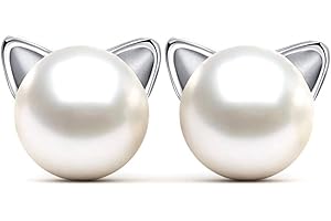 Epoch World 8 mm, srebro próby 925, białe perłowe kolczyki dla kobiet, różowe złoto, kolczyki dla kobiet, dzieci, dziewcząt, srebrny, kolczyki z kotem, Srebro szterlingowe, Perła