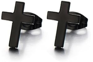URBANBIJOUX Paire boucle d'oreille homme acier noir croix latine fermoir papillon
