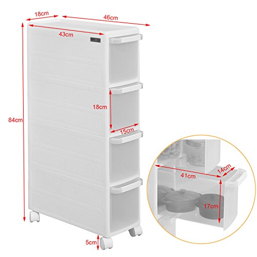 SoBuy® Rollwagen mit vier Schüben, Nischenwagen, Schubladencontainer, Küchenregal, weiß, FRG41-W - 4