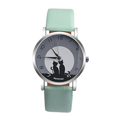 Souarts Damen Leder Armbanduhr Einfach Stil Katze Muster Zifferblatt Analoge Quarz Uhr mit Batterie