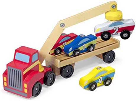 Melissa &amp; Doug Wooden Toy Car Transporter with 4 Cars, Crane 15X33X8 cm, Multi