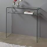 Consola de cristal de una sola pieza con cantos redondos y repisa de cristal.