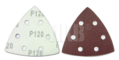 120 Stück HKB ® Schleifdreiecke, 93x93x93mm mit Klett-Verbindung, 6-Loch für Delta-Schleifer, je 24 Stück Korn 40,60,80,120,180, Schleifmittel Korund, Hochwerige Profi-Qualität für verschiedene Oberflächen, feiner und riefenfreier Schliff, für detailgenaues Schleifen in Ecken und an Kanten, universell einsetzbar, Artikel-Nr. 20271 - 5