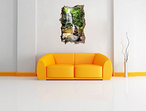 Zen Steine vor Wasserfall Wanddurchbruch im 3D-Look, Wand- oder Türaufkleber Format: 92x62cm, Wandsticker, Wandtattoo, Wanddekoration - 2