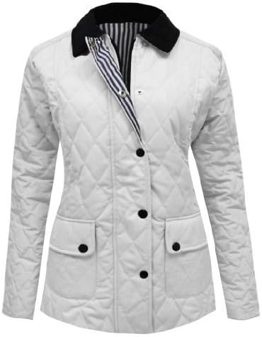 Amber Apparel Ladies Quilted Padded Button Zip Jacket Coat Top White 20PLUS