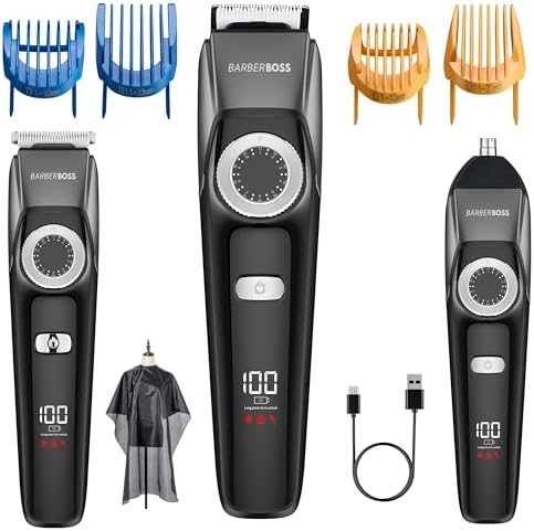 Barberboss Regolabarba Uomo, Tagliacapelli Impermeabile 3 in 1, Regolabarba, Naso e Barba con Rotella Regolabile, Display LED, Kit di Ricarica USB per Uomo