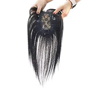 Meiverah Middle Part Silk Part Base Human Hair Toppers Seamless Clip in Hairpiece with Wispy Fringe Hairpiece 8inch 12inch for Loss Thinning Hair Women (5.1?x5.1?,12?, Natural Black)