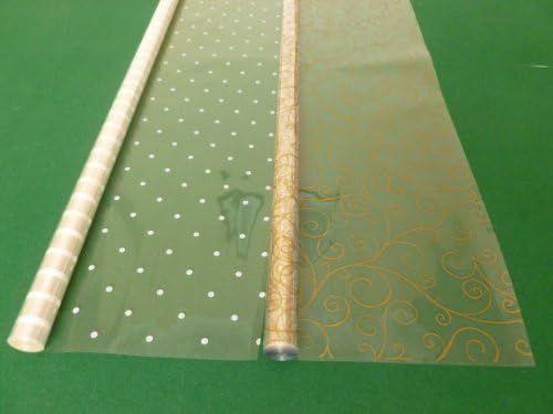 2 x 10m x 80cm White Dot &amp; Gold Scroll Christmas Cellophane Wrap. Florist Quality Bouquet / Gift / Hamper / Basket Wrapping