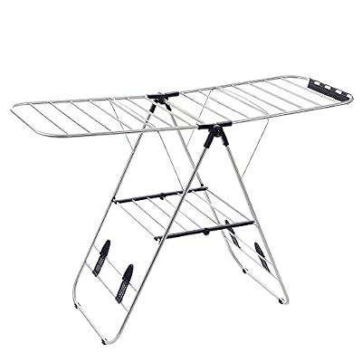 Songmics Séchoir à linge Étendoir à bras wings sur pied Pliable réglable Intérieur / Extérieur Sèche-linge Porte-vêtements Tubes en acier inoxydable Argent LLR502