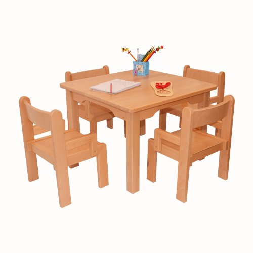Children's Furniture Solid Beech Wood Children's One Table with Four Chairs with Armrest Natural Varnish