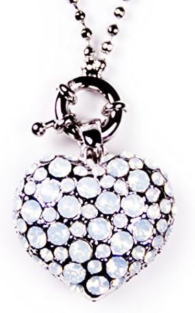 Swarovski White Opal Heart Pendant, Long Ball Chain Necklace, Rhodium Plated, Silver Effect Finish