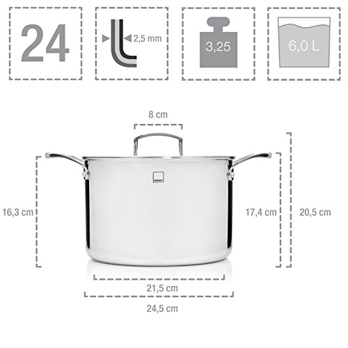Sänger Premium Tri-Ply / 3-Ply Kochtopfset 8 teilig mit Glasdeckel und mattierten Edelstahlgriffen | Geeignet für alle Herdarten, auch Induktion | 16 cm Stielkasserolle, 16, 20 und 24 cm Kochtopf - 6