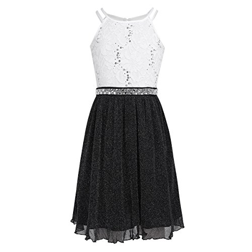 YiZYiF Enfant Fille Lace Robe à Strass Paillettes Dentelle Robe Cérémonie Soirée Robe sans Manche Robe Demoiselle d'honneur Robe Mariage Robe Princesse Danse Robe 6-14 Ans Noir & Blanc 10 Ans