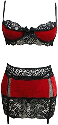 Babydoll Fashion Attractive Red Velvet Lace Dress Sexy Garterpajamas 3 Piece