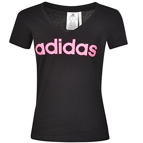 adidas Womens V Neck QT T Shirt Ladies Short Sleeves Tee Top ClimaLite Black/SolarPink (M) 12-14