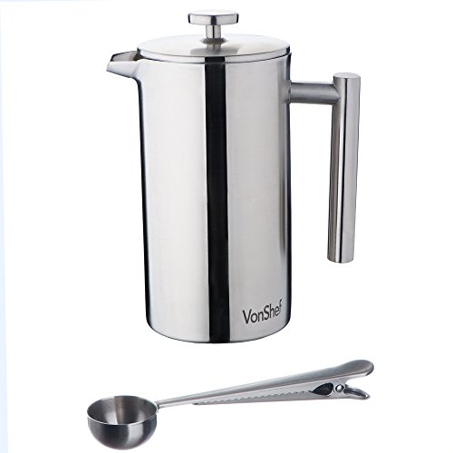 VonShef Kaffeebereiter French Presse 360 ml (3 Tasse) aus Edelstahl 2-lagig thermoisoliert inkl. Messlöffel und Beutelclip - 5