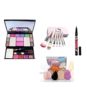 Womens & Girls KTABRIZ TYA Fashion 6171 Multicolour Makeup Kit and 7 Pink Makeup Brushes Set, 6 Sponges Pack and 1 36H Waterproof Liquid Eyeliner - (Pack of 15)