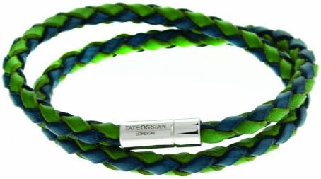 Tateossian Pop Scoubidou Bracelet with Blue and Green Italian Leather and Sterling Silver Clasp of Length 38cm