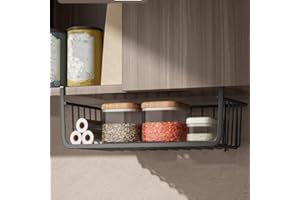 PERGAR Sottomensola, Cestello Portaoggetti, Sottomensola Multiuso Interamente in Metallo, Cesto in Filo Metallico per Dispensa da Cucina, Ufficio, Libreria da Scrivania, Cesto (L Nero)