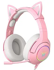 PHNIXGAM Pink Gaming Headset for PS4, PS5, Xbox One(No Adapter), Wired Over-Ear Headphones with Detachable Cat Ears, Noise Cancelling Microphone, RGB Backlight, Surround Sound for PC, Mobile Phone