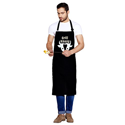 Inhoma Grillschürze bedruckt: „Grill König“ in Schwarz | 100% Baumwolle | Barbecue-Schürze mit praktischen Taschen & verstellbarem Nackenband | extra groß 1x1m | Männergeschenk | mit Spruch - 5