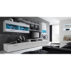 Home Innovation- Ensemble de Meubles Salon, unité Murale, Meuble Bas TV, Salle à Manger, Ensemble de séjour Contemporain avec ilumination LED, Blanc Mate et Blanc Laqué, Dimensions : 250x194x42 cm.