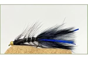 TROUTFLIES UK LURE FLIES Flash Damsel Flies, 12 pack of Goldhead Black Blue Flash Damsel Lures Fishing Flies. Size 10