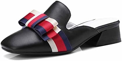 Women Bow Sandals 2018 Spring &amp; Summer Leather Square Head Low-Heeled Shoes Slipless Mules Large Size (Color : Black, Size : 43)