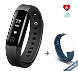 Arbily Fitness Armband Herzfrequenz mit IP68 Wasserdicht Fitness Tracker Aktivität Smart Armband mit Alarm/Schritt Tracker/Kalorienzähler/Schlaf Monitor BLAU Strap ist EIN Geschenk (Schwarz)