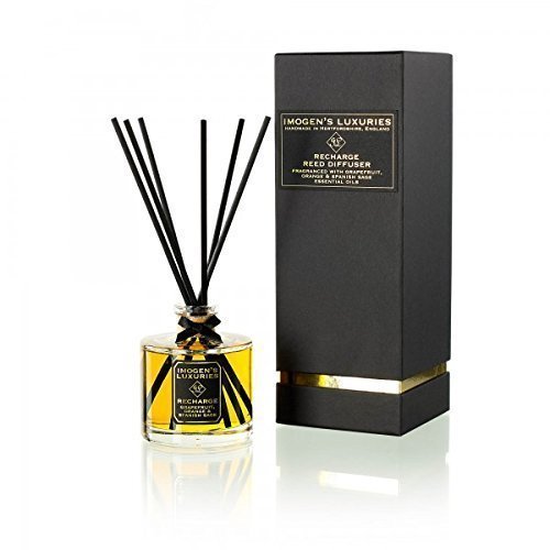 Recharge Reed Diffuser Large 200ml: Grapefruit, Orange & Spanish Sage Essential Oils - Gift Boxed - Thick Black Reeds.