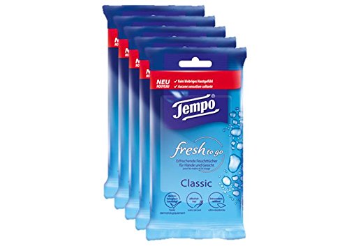 Tempo Feuchttücher fresh to go Classic, erfrischende Reinigungstücher für unterwegs, 5 x 10 Tücher (50 Tücher)