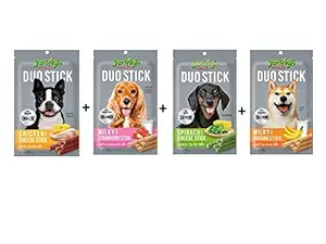 DogsnCats Jerhigh Duo Stick Chicken Cheese x 2 + Milk Strawberry x 2 + Spinach Cheese x2 + Milk Banana x 2 Treats Snacks for Dogs (Pack of 8)