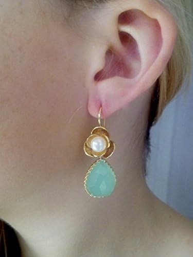 Chrysoprase Earrings,White Pearl earrings,Aqua blue Earrings, blue wedding,dangle earrings