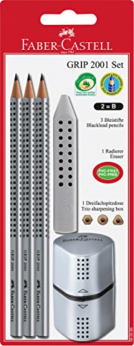 Faber-Castell 580096 - Blister de 3 lápices Grip B, goma y afilalápices