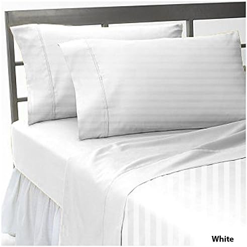 9 inches (22cm) Deep Pocket 1 Flat Sheet + 1 Fitted Sheet & 2 Pillow Cases Stripe Pattern 100% Egyptian Cotton 600 Thread Count (UK Super King , White )