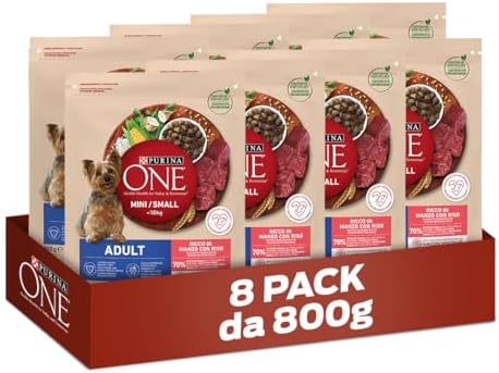 PURINA ONE Mini Small Crocchette per Cani Adulti Ricco in Manzo 8 Sacchi da 800g