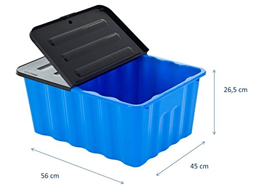 Kunststoffbox in Blau mit Klappdeckel in Anthrazit. Mit 48 Liter Füllvolumen. Maße BxTxH: 56 x 45 x 26,5 cm.