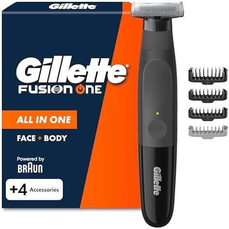 Gillette Fusion One Rasoio Elettrico Uomo per Barba e Corpo, 3 Pettini Barba (1, 2, 5 Mm) e 1 Pettine Corpo, Testina Oscillante, Impermeabile, Senza Fili, Autonomia di 45 Min, Tecnologia Braun
