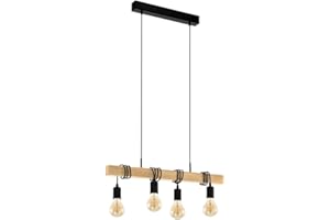 EGLO Pendelleuchte Townshend Holz Vintage, Hängelampe Esszimmer, Hängeleuchte 4-flammig, rustikale Retro Lampe im Industrial Design mit E27 Fassung, Pendellampe schwarz, braun