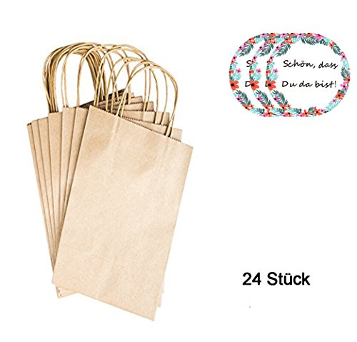 Super44day 24 Papier Beutel Papiertütchen Geschenktaschen Papier Partytüten Party Beutel mit Griffe und 24 runde Aufkleber für Geschenke verpacken,Hochzeit, Geburtstag, Taufe , Bonbons und Party Geburtstag Gastgeschenke -Geschenktüten Set „Schön, dass Du da bist“ - 3