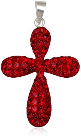 Jewelry Cross Pendant 30 mm Long, Preciosa Crystals 925 Sterling Silver Encrusted with Red Bordeaux, Rhinestone Dangling Crucifix