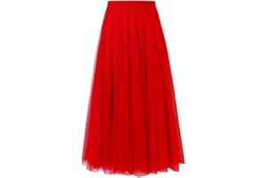 shownicer Femme Tulle Jupe Vintage Jupe en Tulle Taille A-Line Elastique Multi Couché Tutu Élégante Maxi Jupe Couleur Unie élastiques à Taille Haute