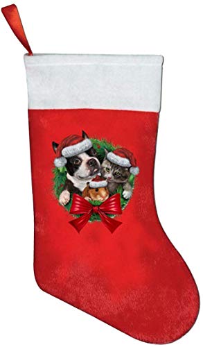 RAINNY Pets Holiday Wreath with A Dog Cat and Hamster Red Felt Classic Christmas Stockings Gifts Bags